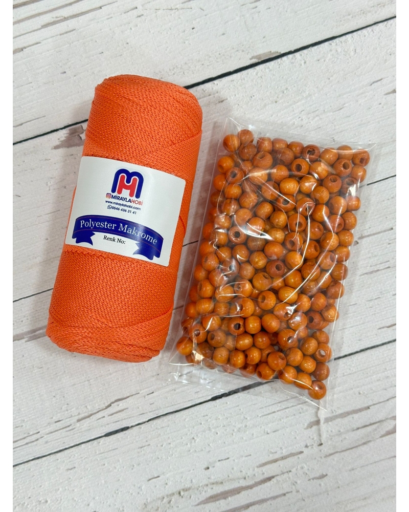 100 gr Polyester Makrome ve 100 gr Ahşap Boncuk Turuncu