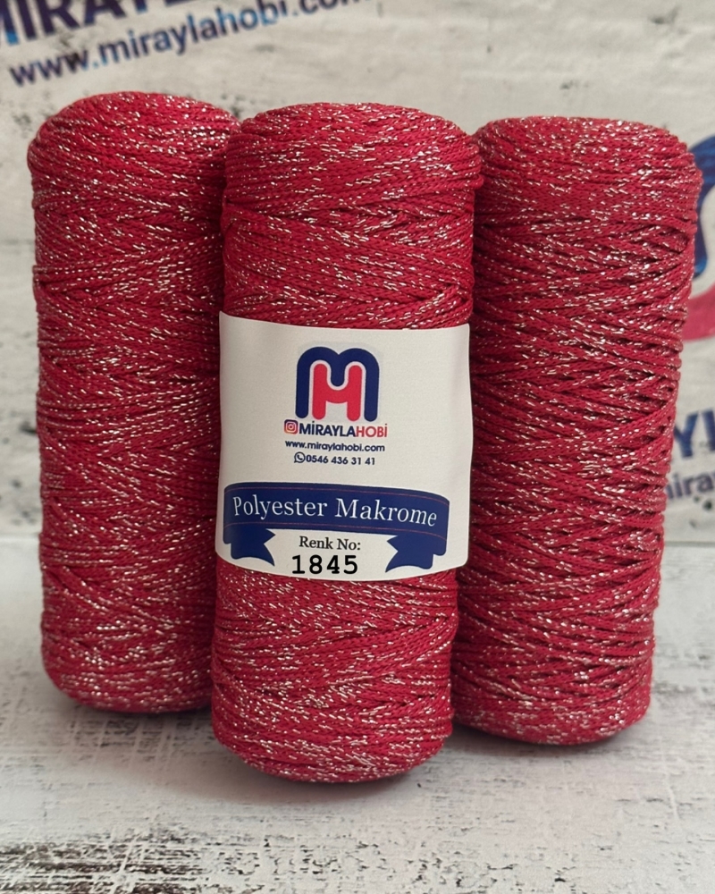 Simli Polyester Makrome İplik 100 gr 1845 Koyu Kırmızı